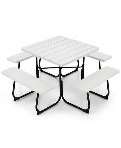 Gouun Square Outdoor Picnic Table with 4 Built-in Benches and Umbrella Hole, Hdpe Top