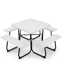 Gouun Square Outdoor Picnic Table with 4 Built-in Benches and Umbrella Hole, Hdpe Top