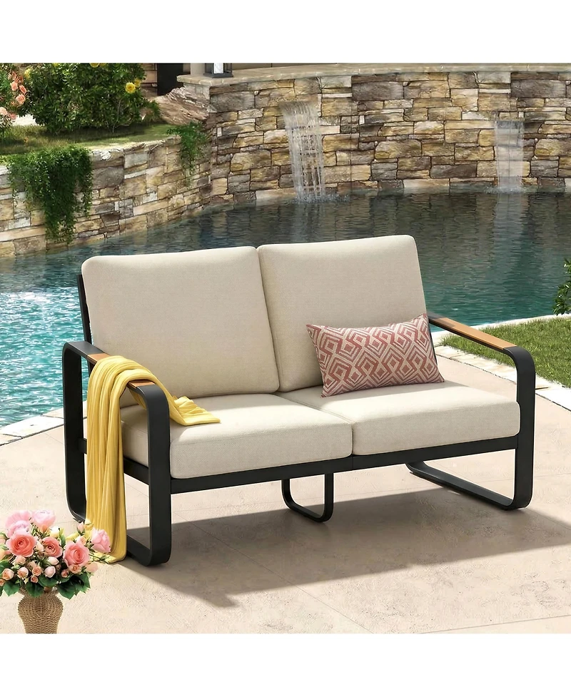 Tribesigns Outdoor Loveseat Sofa with Removable Cushions, Metal Frame Patio Thick Cushions for Patio, Balcony, Porch, Garden