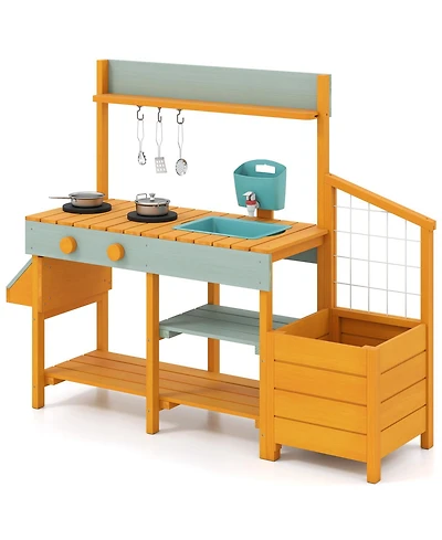 Slickblue Wooden Play Kitchen for Kids Pretend Mud Kitchen Activity Set