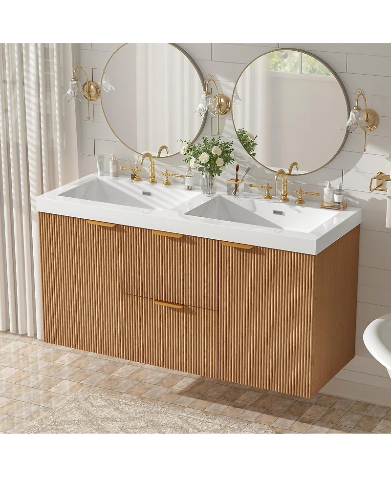 Sillysis 47 Inch Double Sink Bathroom Vanity Wall Mounted, Soft Close Drawers, Ample Storage, Smc Countertop and Wood Grain Mdf Cabinet