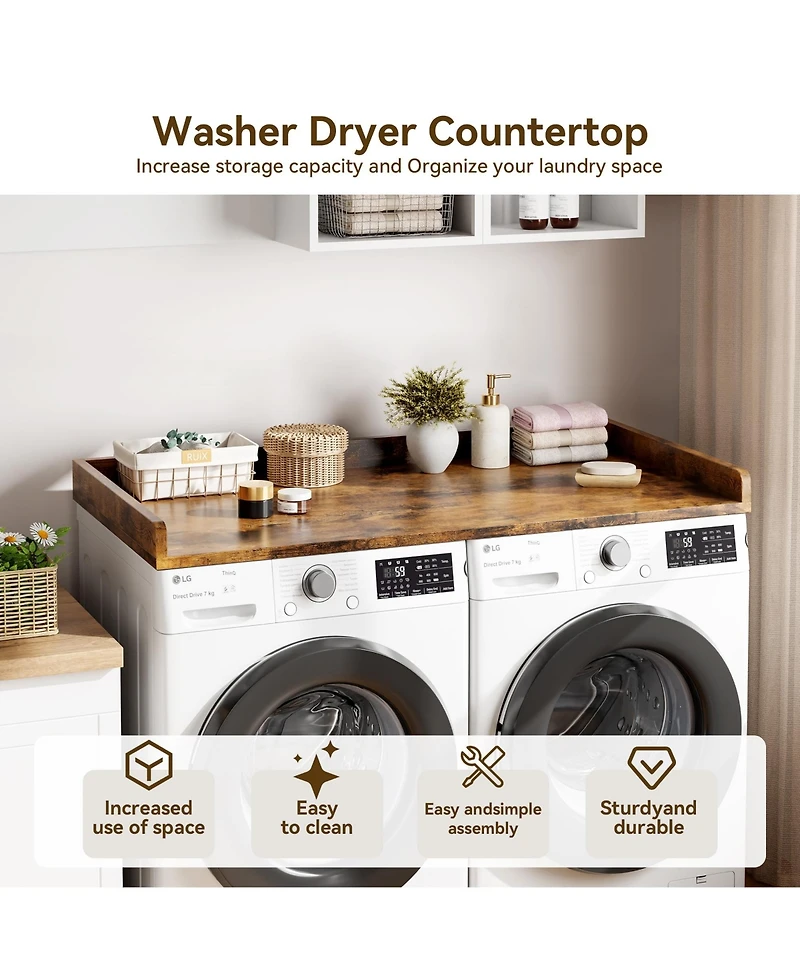 Homfan Washer Dryer Countertop, Wooden Laundry Countertop with Edge Rails, and Topper