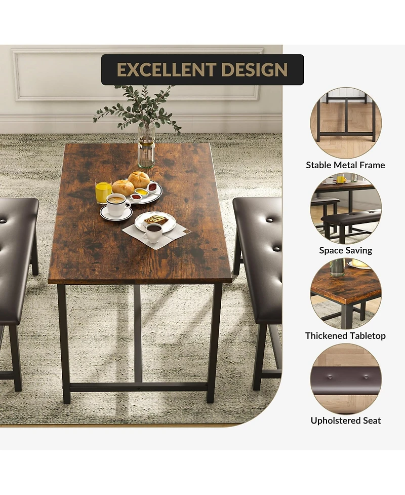 gaomon 3-Piece 4-Person Industrial Dining Set with 2 Benches