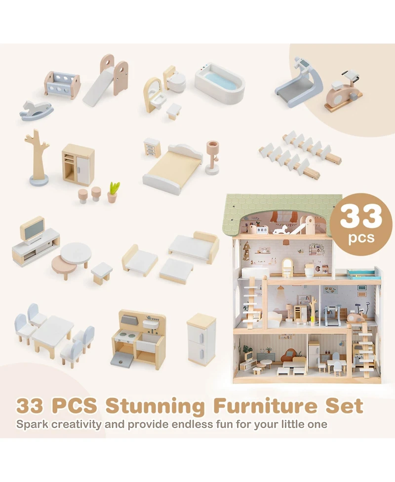 Costway Kids Wooden Dollhouse 4-Story Modern Doll House with 33Pcs Furniture Accessories