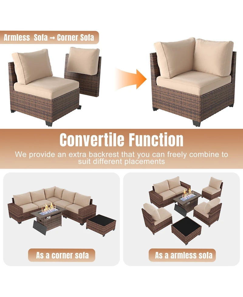 Aoxun 7 Piece Wicker Outdoor Sectional Sofa Set with Cushions with 44 Propane Fire Pit Table