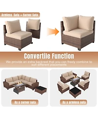 Aoxun 7 Piece Wicker Outdoor Sectional Sofa Set with Cushions with 44 Propane Fire Pit Table