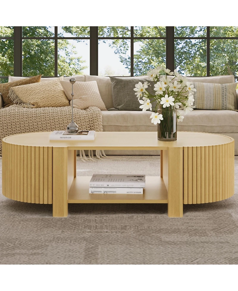 Rainsken 47" Fluted Oval Center Table, Mid Century Modern Coffee Table with Storage Shelves and 2 Open Doors for Home Living Room