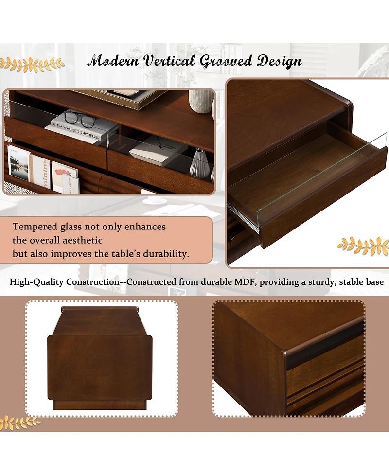 Rainsken 47.2 Inch Modern Wooden Rectangular Coffee Table, Fluted Center Table with 4 Drawers and 2 Open Display Shelves for Living Room