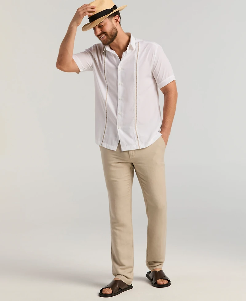 Cubavera Men's Pick Stitch Panel Short Sleeve Button-Down Shirt