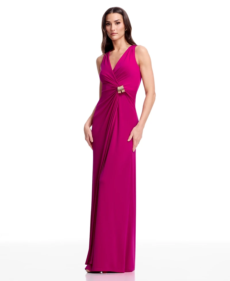 Dress the Population Women's Pleated Wrap Long Gown