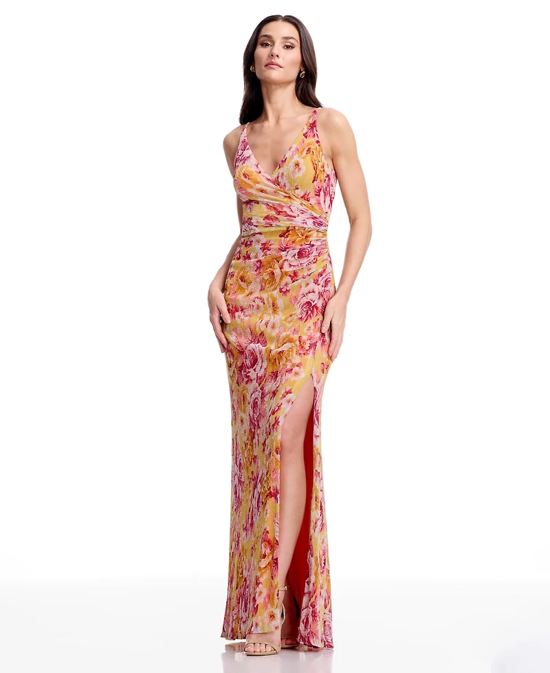 Dress the Population Women's Floral Print Ruched Mermaid Gown