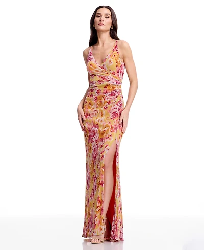 Dress the Population Women's Floral Print Ruched Mermaid Gown