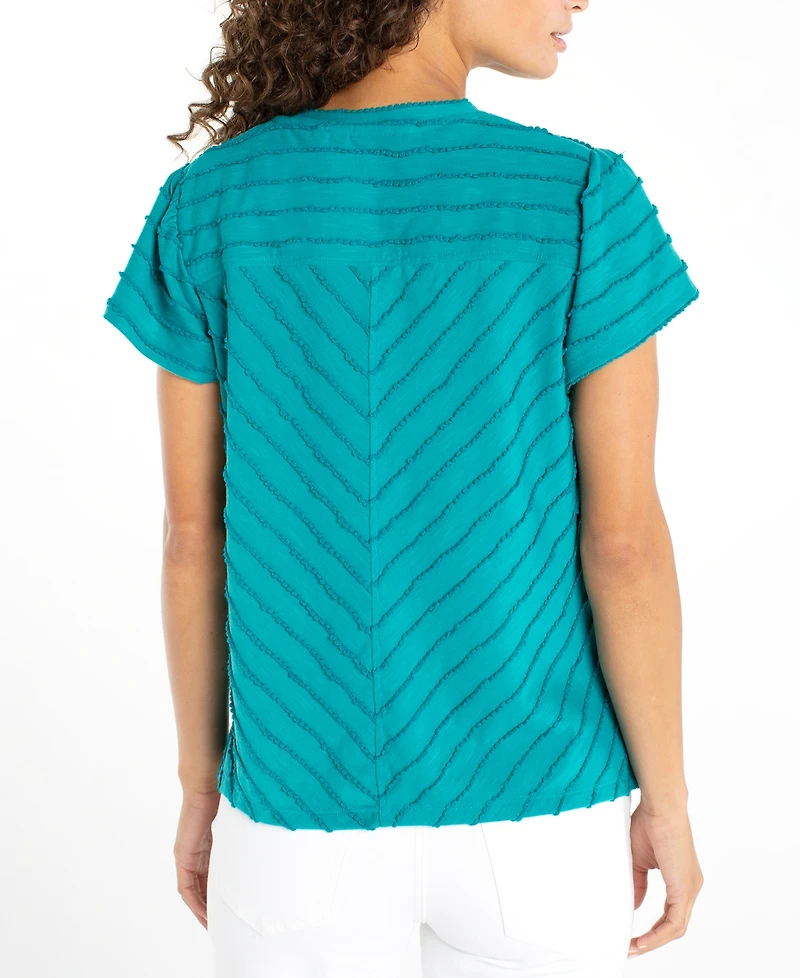 Liverpool Los Angeles Petite V-Neck Scalloped Stripe Top
