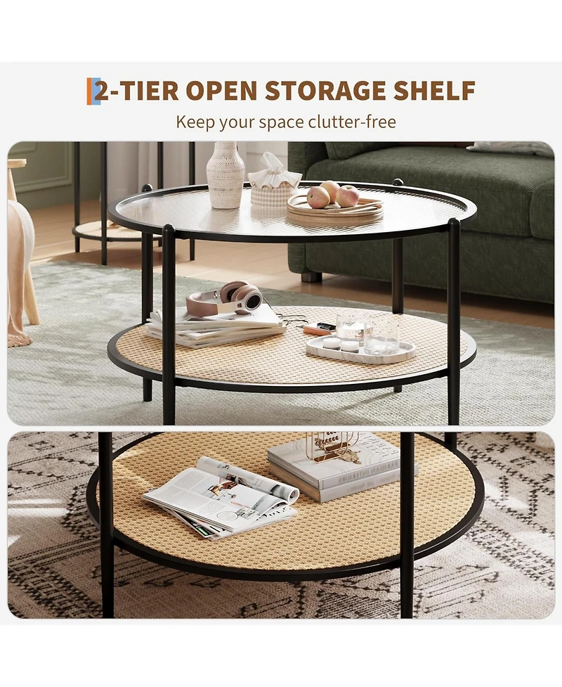 gaomon Round Coffee Table, 2-Tier Tea Table with Rattan Storage Shelf and Metal Frame, Tempered Glass Tabletop, Boho Cocktail Tables