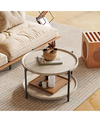 gaomon Wooden Round Coffee Table for Living Room, Wood Desktop and Sturdy Metal Legs, 2 Tier Circle Coffee Table