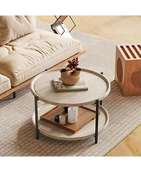 gaomon Wooden Round Coffee Table for Living Room, Wood Desktop and Sturdy Metal Legs, 2 Tier Circle Coffee Table