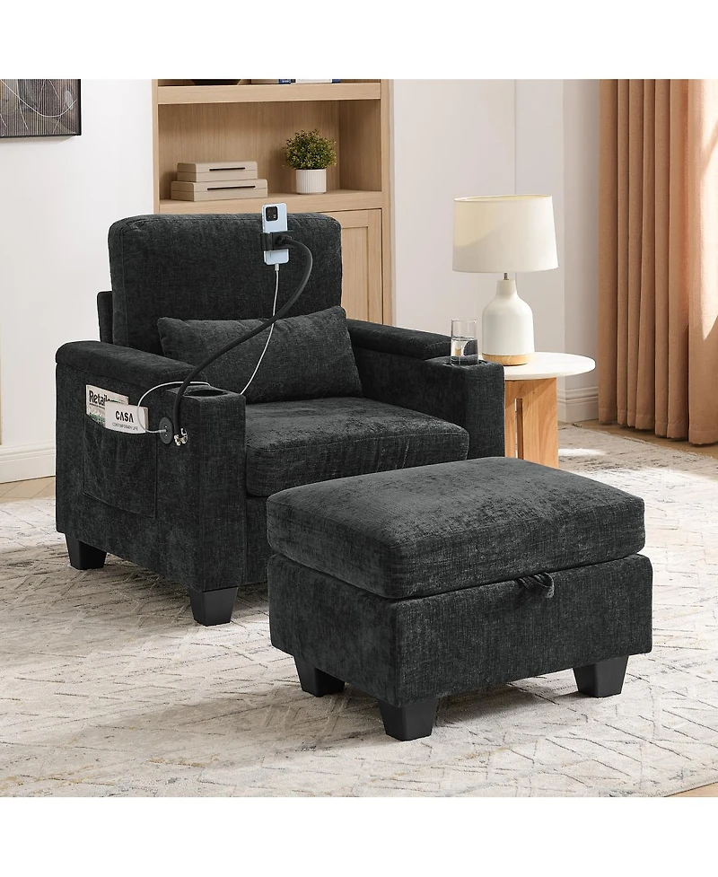 Streamdale Furniture Recliner Sofa with Usb, Stand, Storage Ottoman