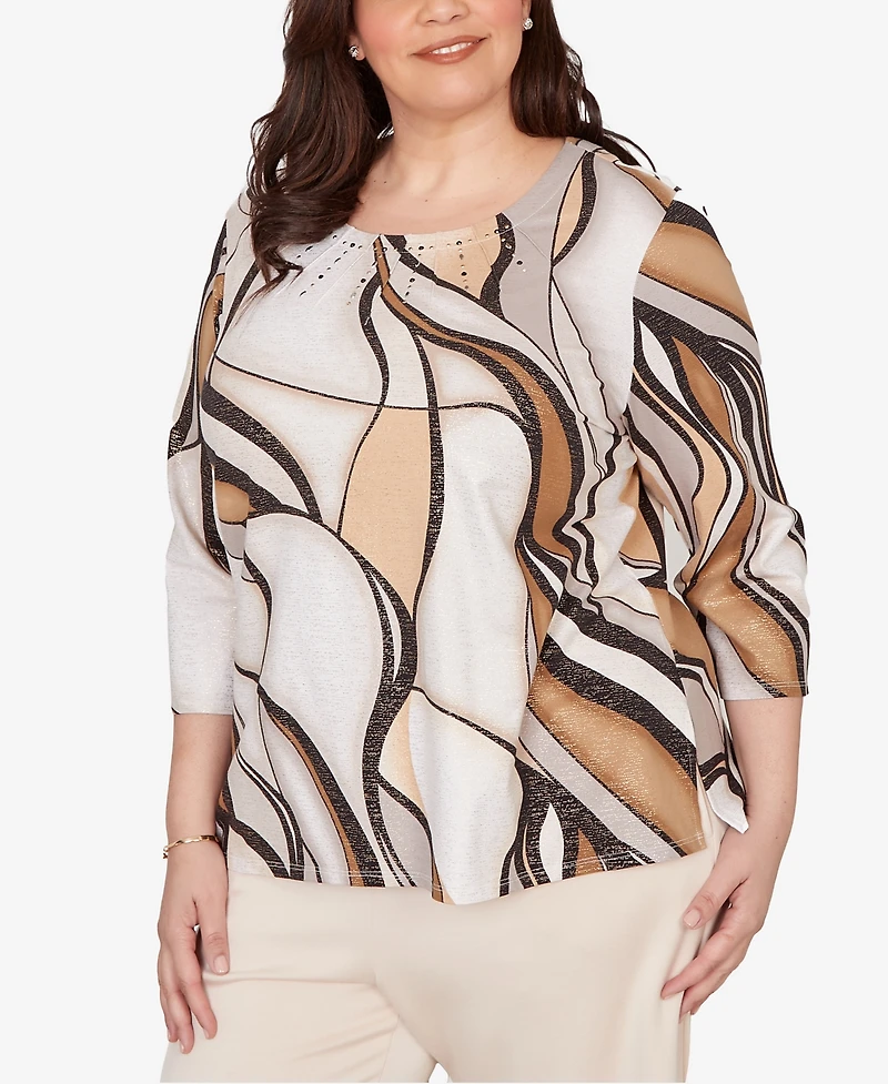 Alfred Dunner Plus Seville Abstract Print Pleated Crewneck Top