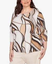 Alfred Dunner Plus Seville Abstract Print Pleated Crewneck Top
