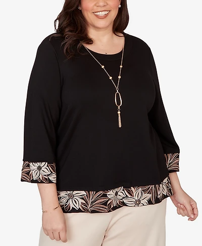 Alfred Dunner Plus Size Seville Bold Floral Border Trim Top with Necklace