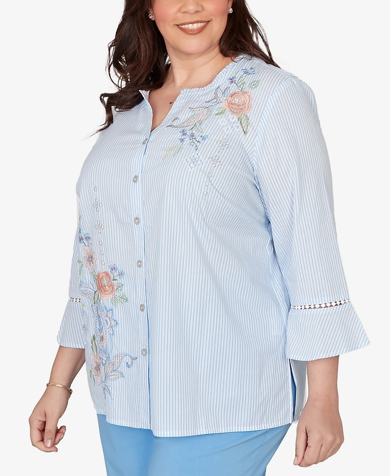 Alfred Dunner Plus St. Augustine Striped Floral Embroidered Button Down Top