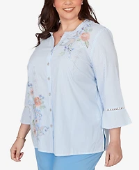 Alfred Dunner Plus St. Augustine Striped Floral Embroidered Button Down Top