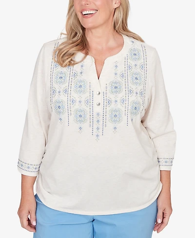 Alfred Dunner Plus St. Augustine Medallion Embroidered Ruched Henley Top