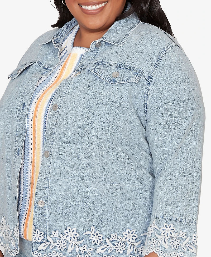 Alfred Dunner Plus Out of the Blue Floral Embroidered Scallop Trim Jacket