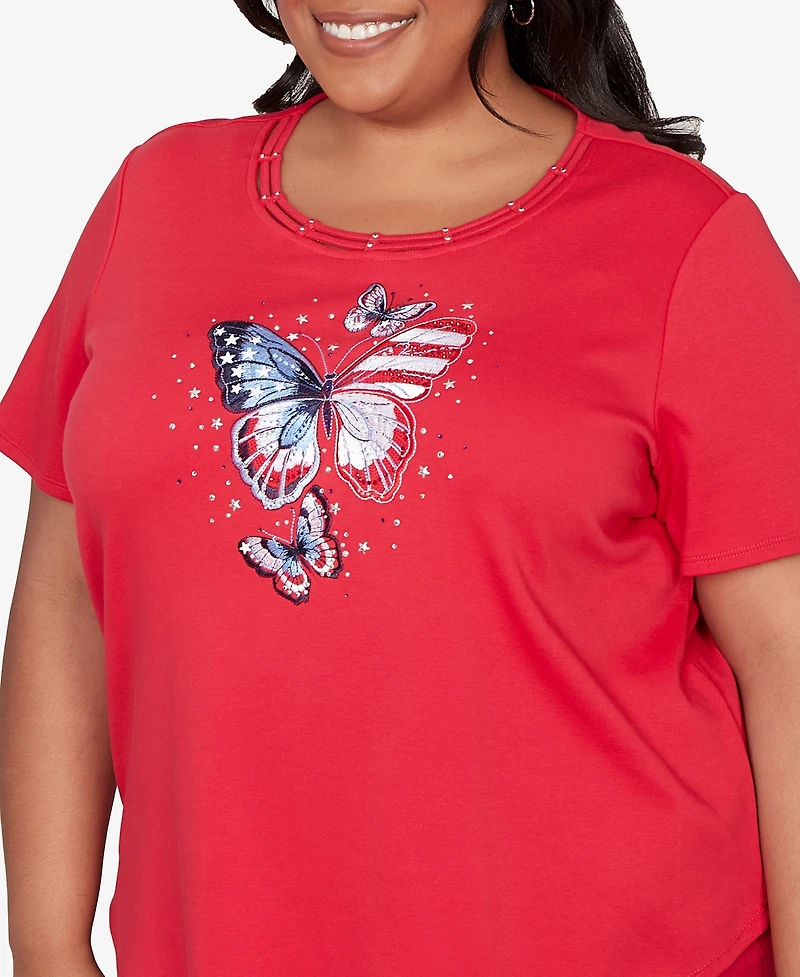 Alfred Dunner Plus Lady Liberty Sparkling Americana Butterfly Crewneck T-shirt
