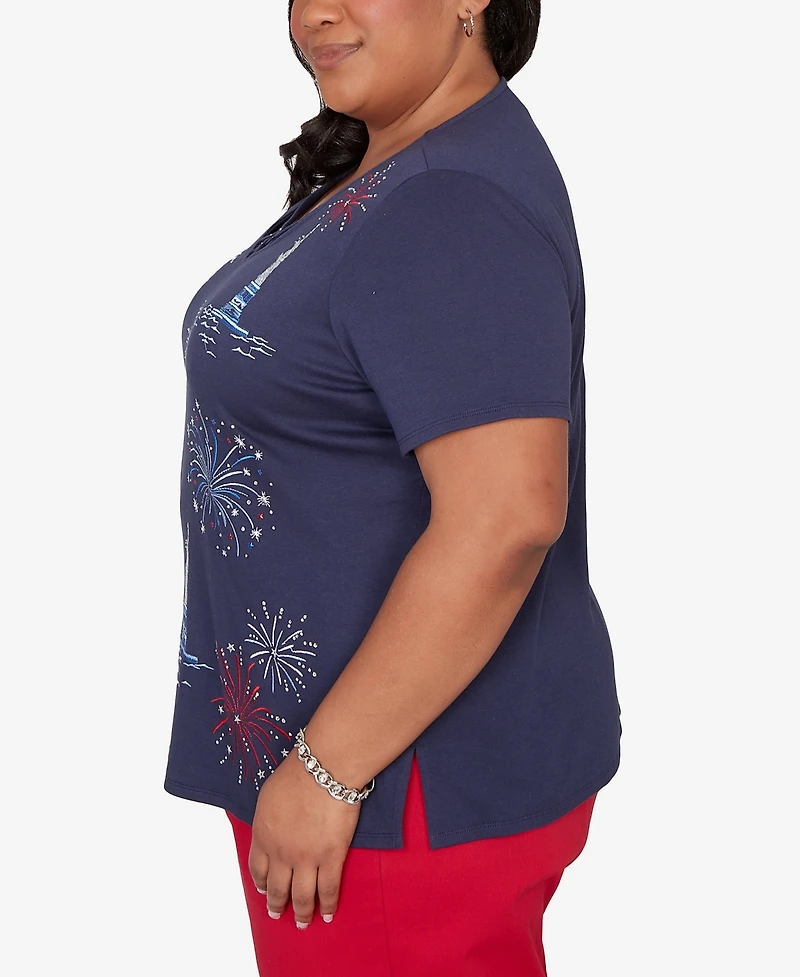 Alfred Dunner Plus Lady Liberty Statue Of Fireworks V-Neck T-Shirt