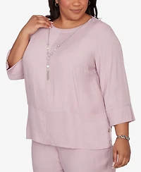 Alfred Dunner Plus Vintage Charm Textured Spliced Rose Top with Necklace