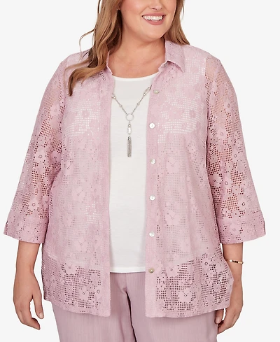 Alfred Dunner Plus Vintage Charm Floral Lace Two One Top with Necklace