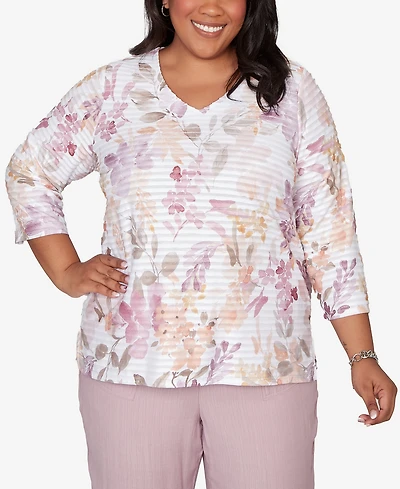 Alfred Dunner Plus Vintage Charm Watercolor Floral Textured V-Neck Top
