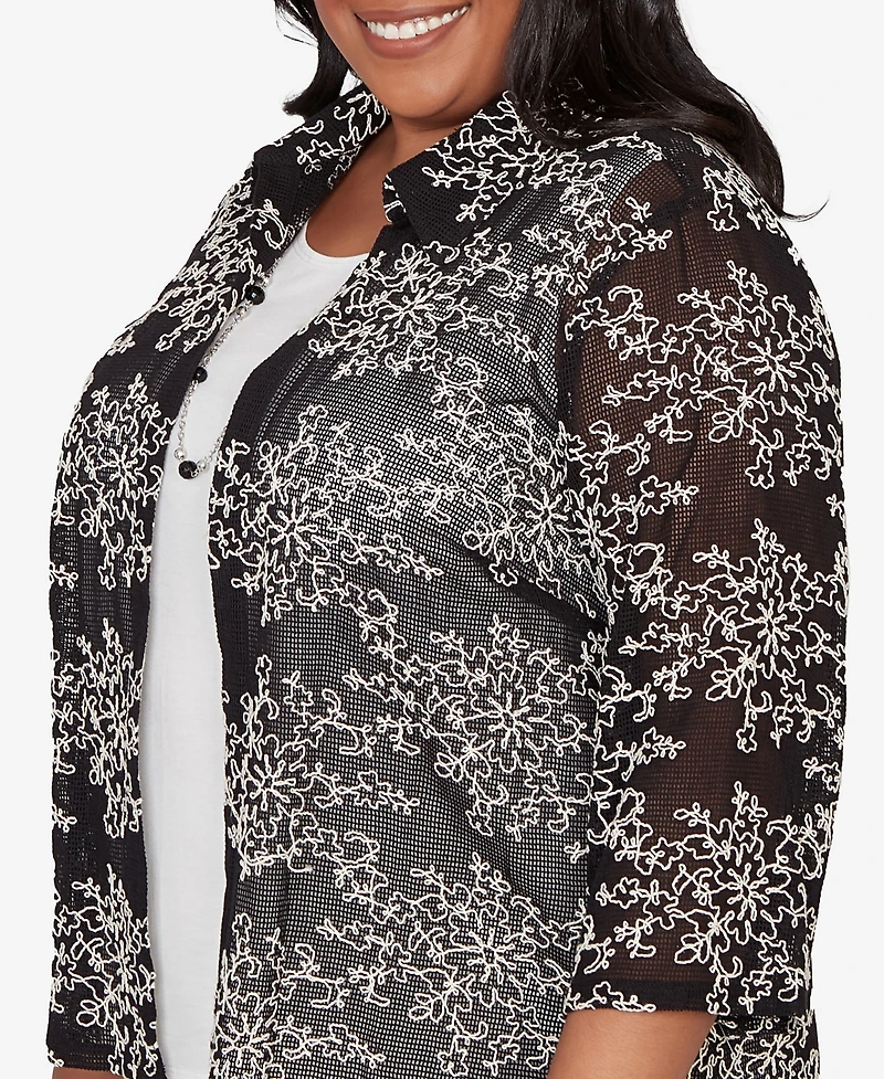 Alfred Dunner Plus Detail Driven Two One Mesh Soutache Top with Necklace