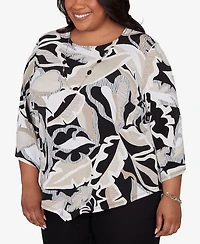 Alfred Dunner Plus Detail Driven Texture Leaves Pointed Hem Top with Necklace