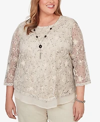 Alfred Dunner Plus Detail Driven Popcorn Mesh Pointed Hem Top with Necklace
