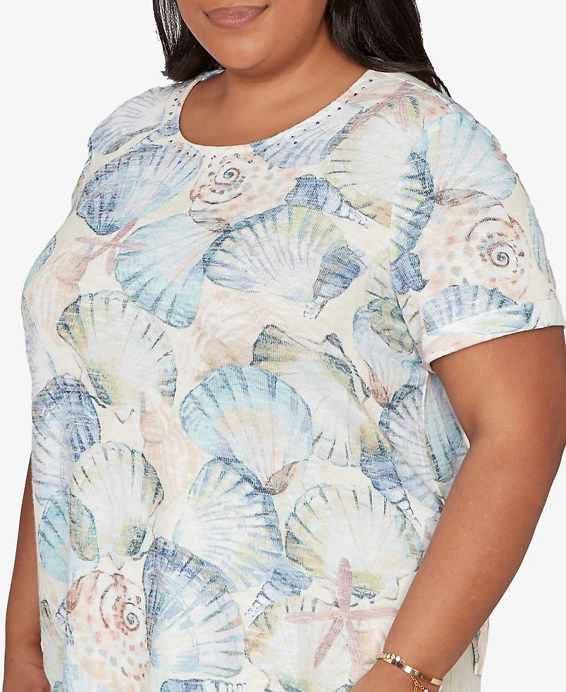 Alfred Dunner Plus Vintage Charm Seashells Embellished Solid T-Shirt