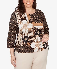 Alfred Dunner Plus Seville Floral Geometric Patchwork Side Tie Top
