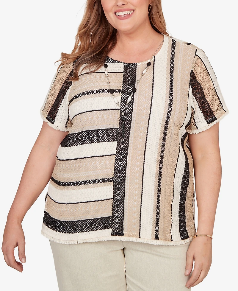 Alfred Dunner Plus Detail Driven Textured Spliced T-Shirt with Necklace
