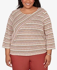 Alfred Dunner Plus Spice Market Spliced Textured Stripe Ruched Tie Top