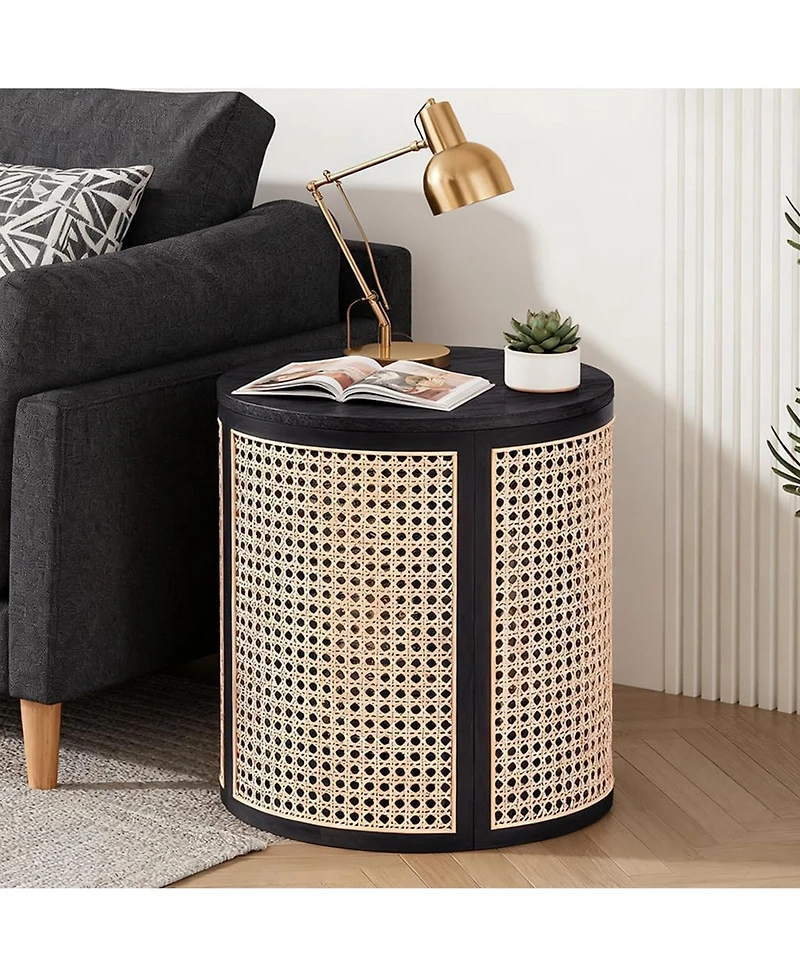 Rainsken Round Solid Wood Nightstand, Hollow Woven Bedside Table, Compact Accent End Table for Living Room, Bedroom, Home Office