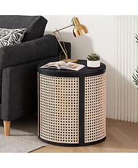 Rainsken Round Solid Wood Nightstand, Hollow Woven Bedside Table, Compact Accent End Table for Living Room, Bedroom, Home Office