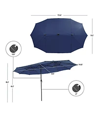 Gouun 15 ft Twin Patio Umbrella with 48 Solar Led Lights and Standby Battery