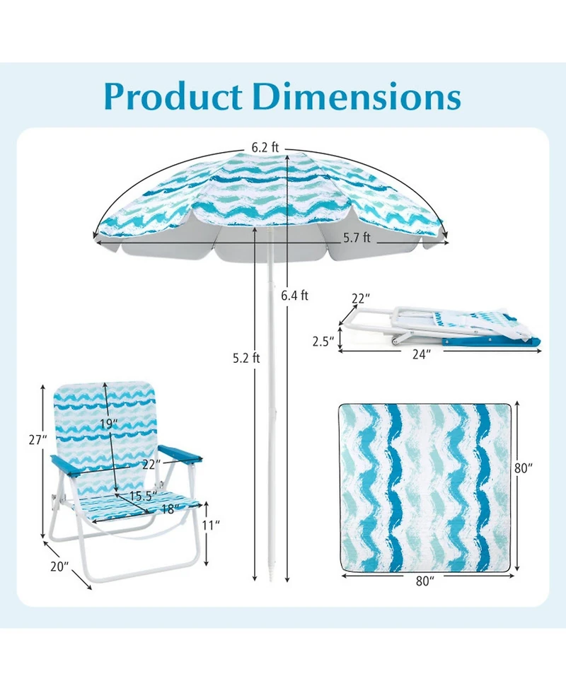 Gouun 4-Piece Beach Umbrella Set with Two Foldable Chairs Upf 50+ Canopy and Picnic Blanket