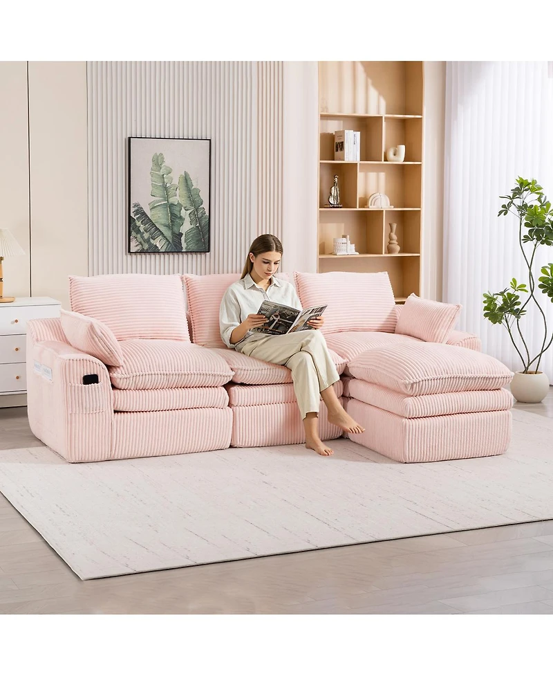 Streamdale Furniture L-Shape Corduroy Modular Sectional Sofa with Movable Footstool
