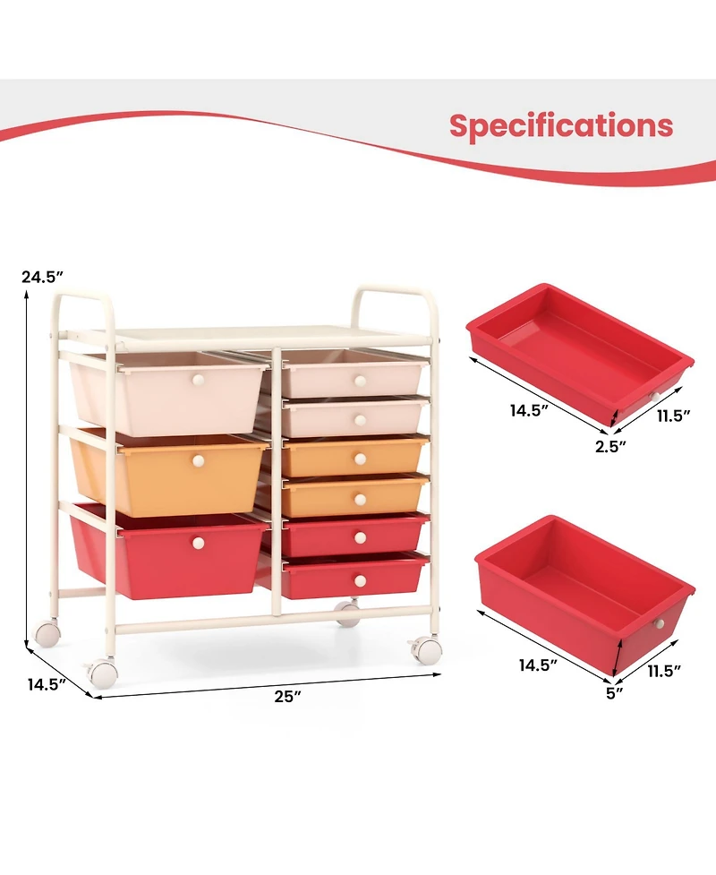 Gouun 9-Drawer Rolling Storage Cart with Metal Frame