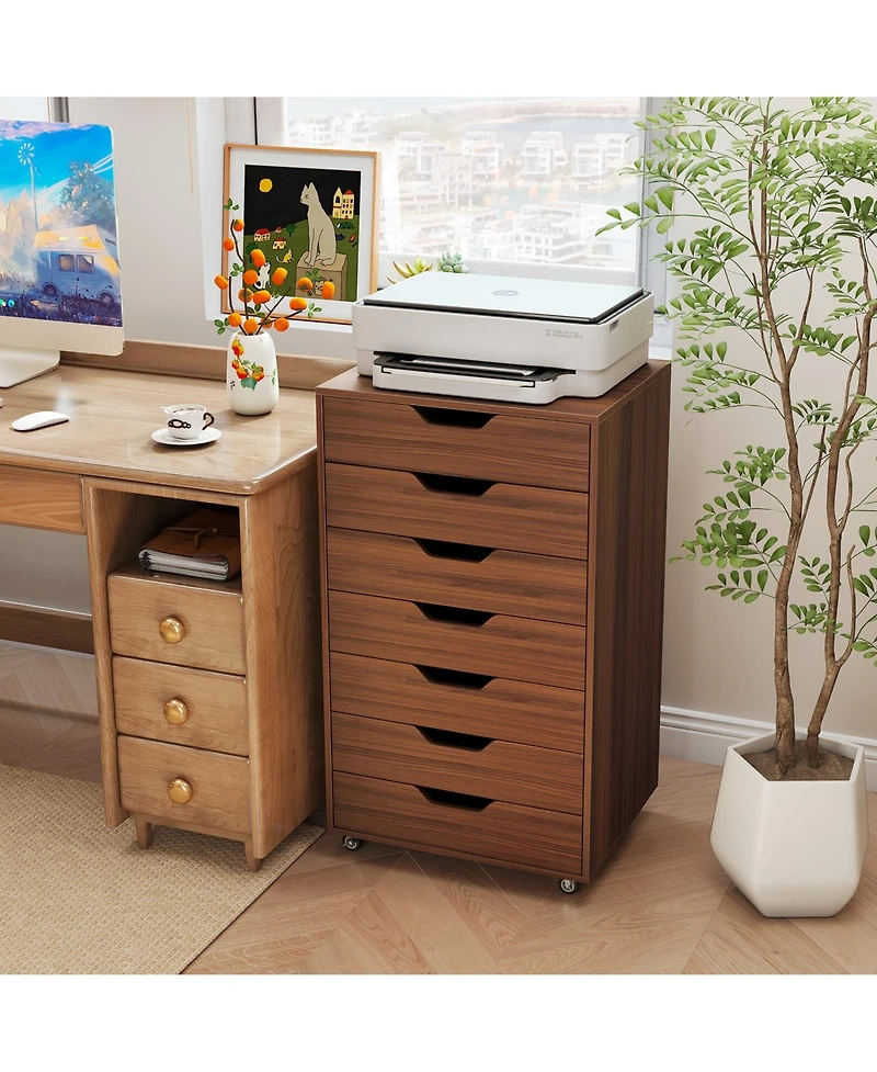 Gouun 7-Drawer Wooden Storage Dresser with Lockable Wheels