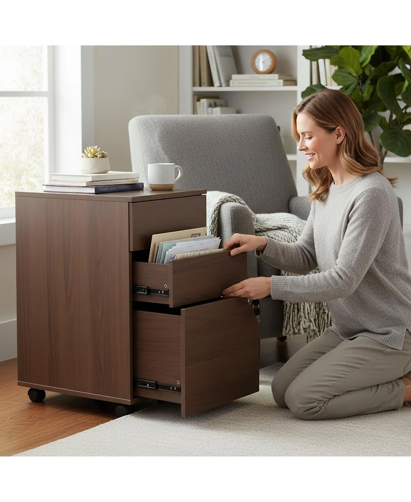 Sugift Three Drawer Rolling File Cabinet with Lock for Home Office