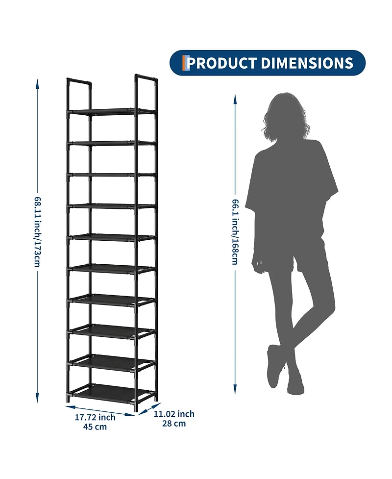 Homfan 10 Tier Metal Shoe Rack with Adjustable Fabric Shelves
