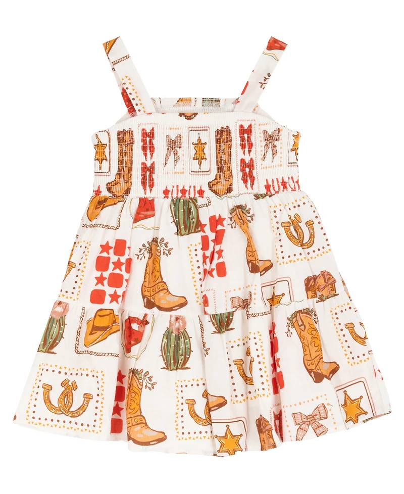 Rare Editions Little Girls' 2T-6X Western Printed Woven Romper Dress With Smocking